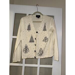 VTG Designer Original Studio Womens White Christmas Cardigan Beaded Trees PM